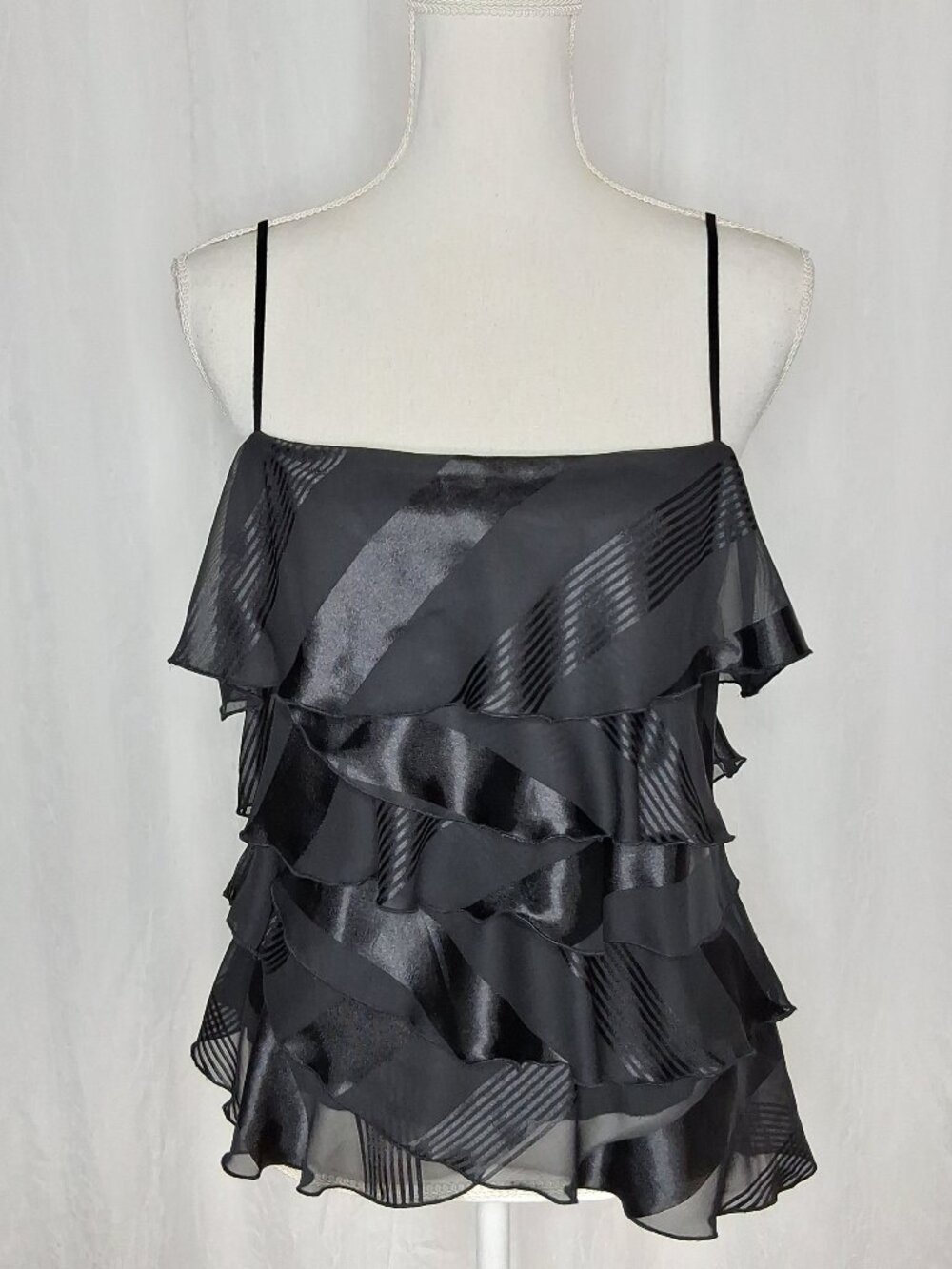 Vintage Y2K Cache Black Satin Strappy Tiered Cami Flowy Blouse